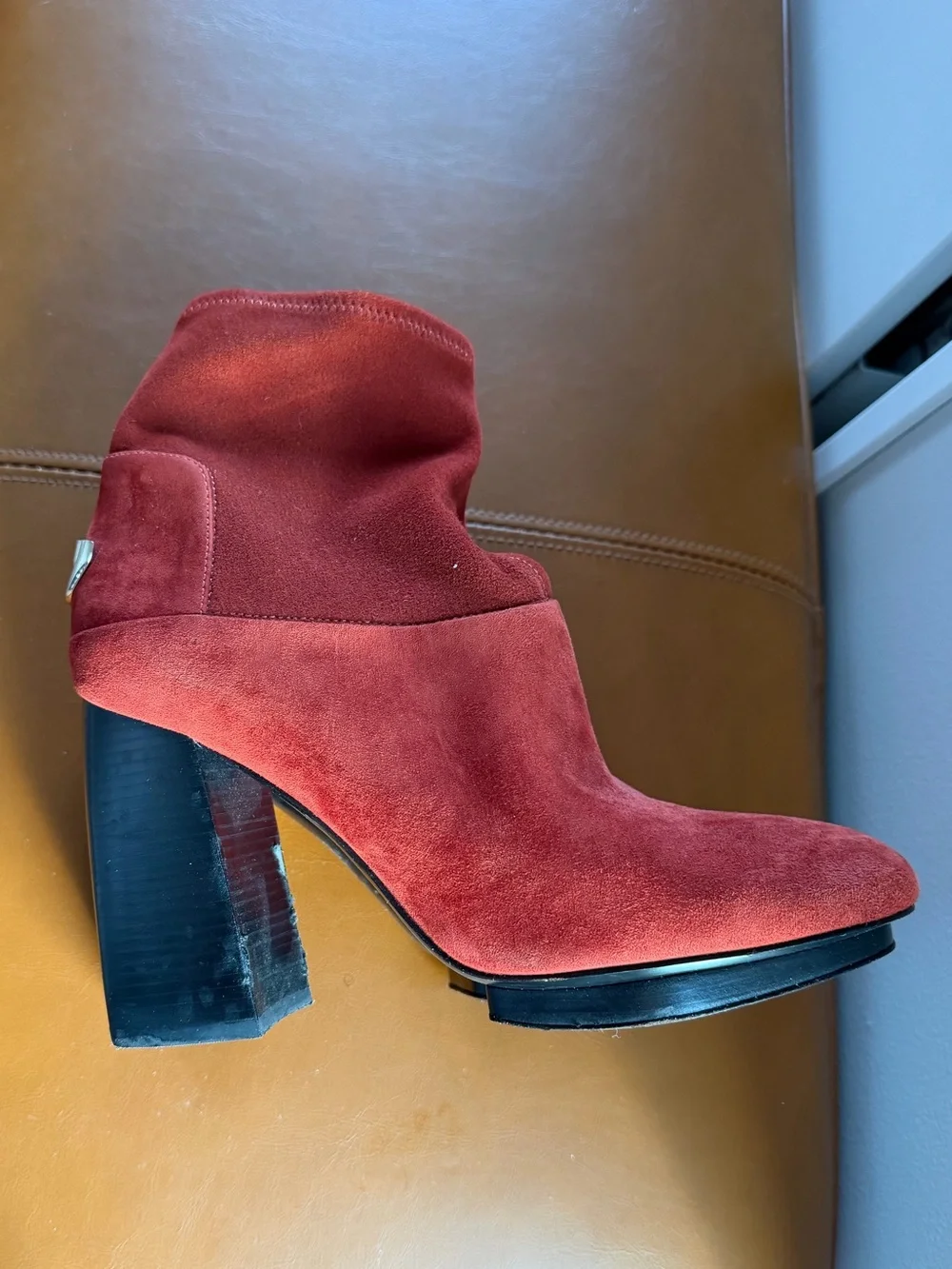 Tory Burch Red Suede Block Heel Ankle Boots with Logo Heel Accent
